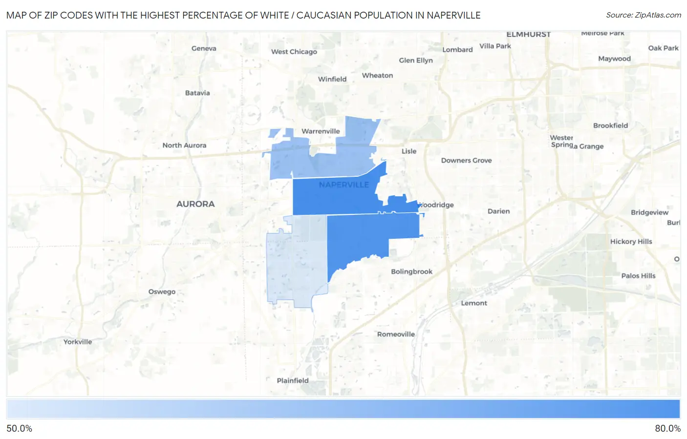 Zip Codes with the Highest Percentage of White / Caucasian Population in Naperville Map