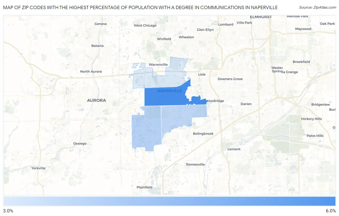 Zip Codes with the Highest Percentage of Population with a Degree in Communications in Naperville Map