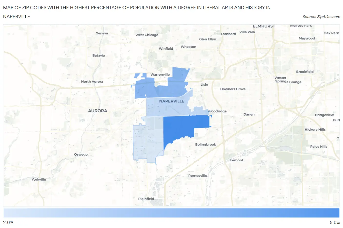 Zip Codes with the Highest Percentage of Population with a Degree in Liberal Arts and History in Naperville Map