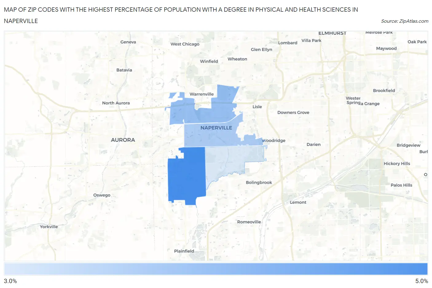 Zip Codes with the Highest Percentage of Population with a Degree in Physical and Health Sciences in Naperville Map