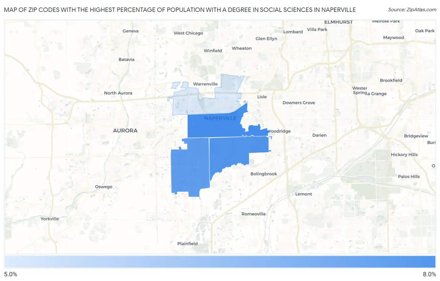 Zip Codes with the Highest Percentage of Population with a Degree in Social Sciences in Naperville Map