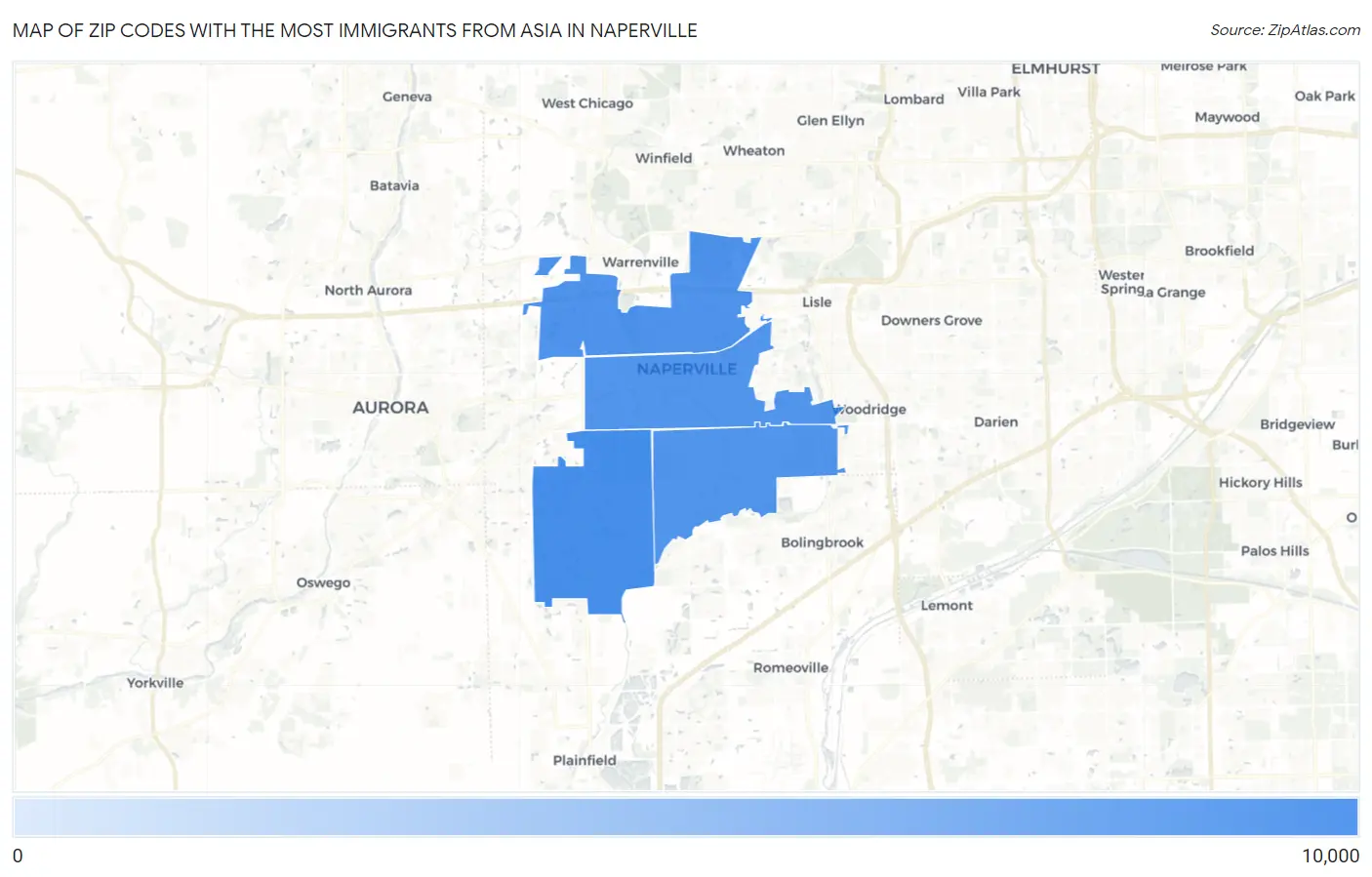 Zip Codes with the Most Immigrants from Asia in Naperville Map