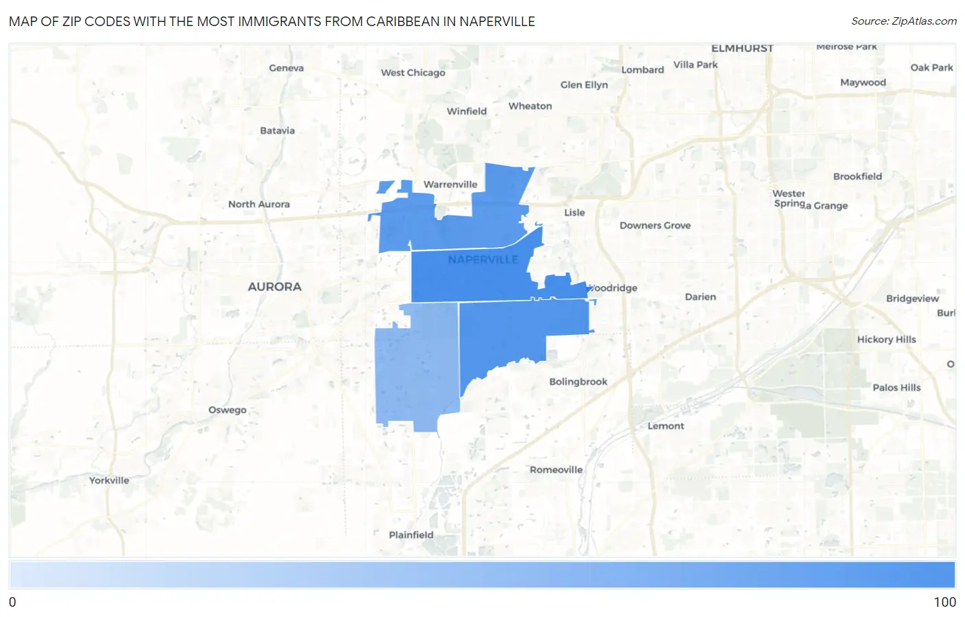 Zip Codes with the Most Immigrants from Caribbean in Naperville Map