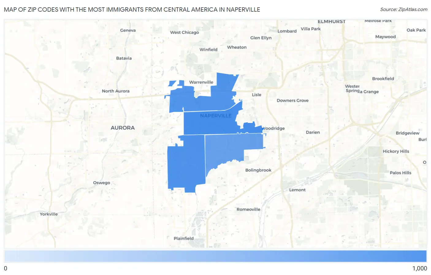 Zip Codes with the Most Immigrants from Central America in Naperville Map