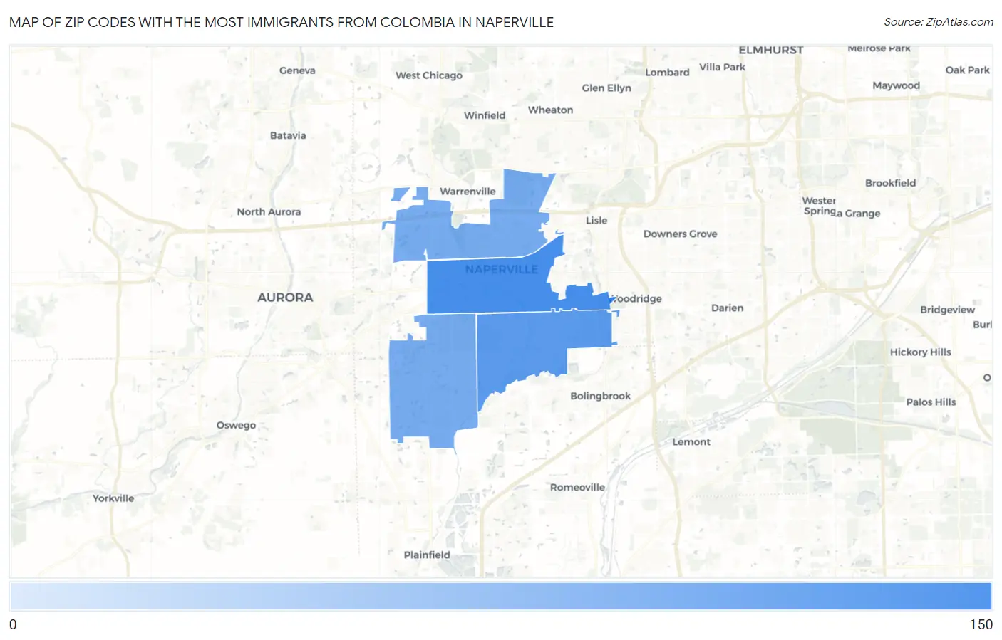 Zip Codes with the Most Immigrants from Colombia in Naperville Map