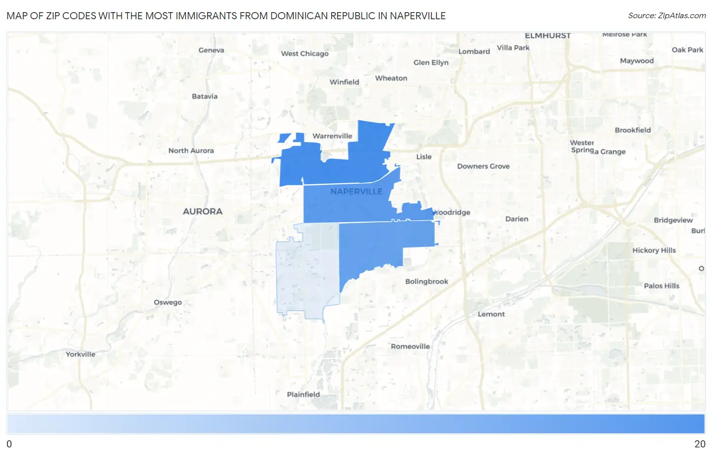 Zip Codes with the Most Immigrants from Dominican Republic in Naperville Map