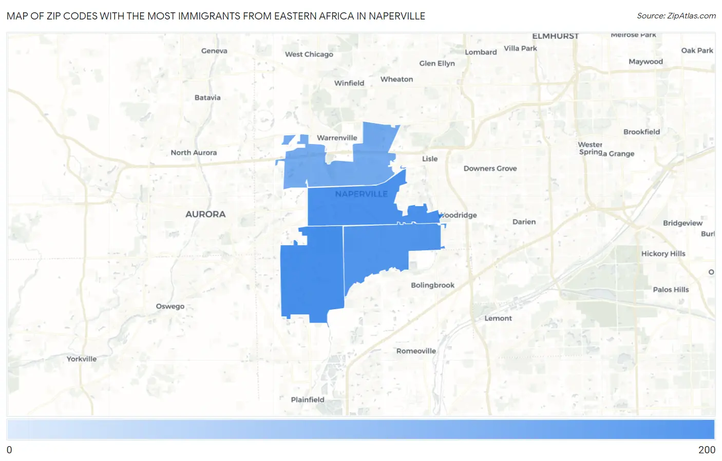 Zip Codes with the Most Immigrants from Eastern Africa in Naperville Map