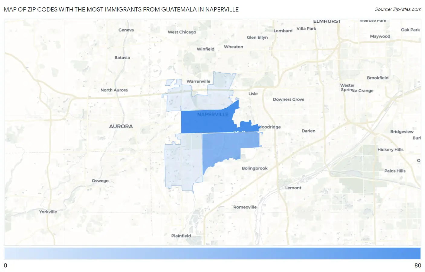 Zip Codes with the Most Immigrants from Guatemala in Naperville Map