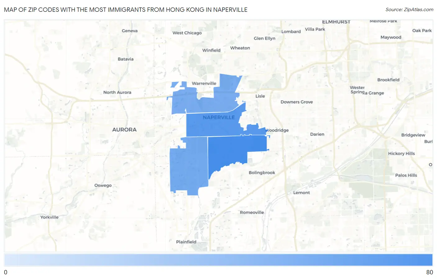 Zip Codes with the Most Immigrants from Hong Kong in Naperville Map