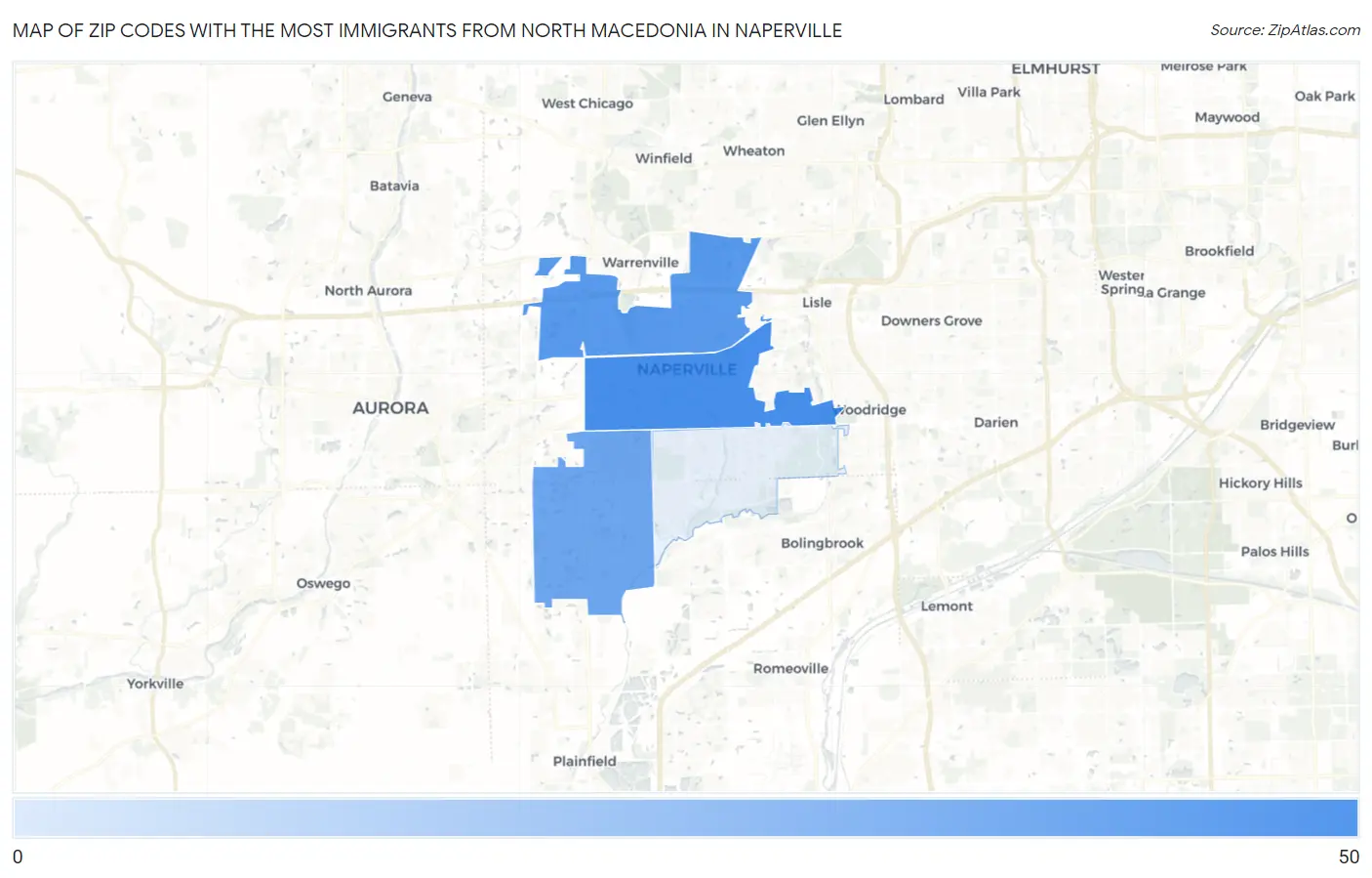 Zip Codes with the Most Immigrants from North Macedonia in Naperville Map