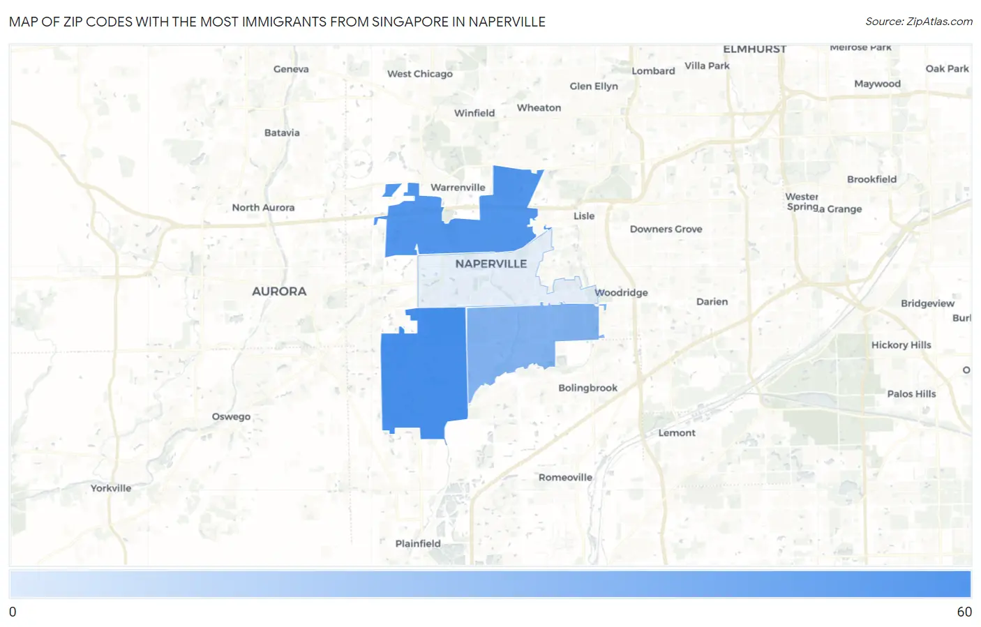 Zip Codes with the Most Immigrants from Singapore in Naperville Map
