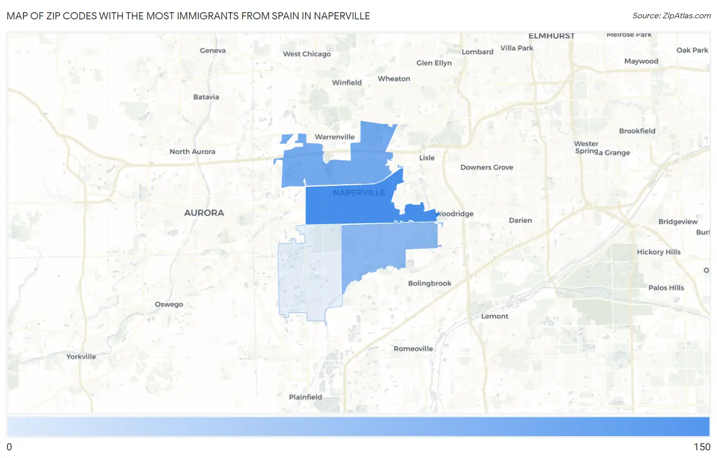 Zip Codes with the Most Immigrants from Spain in Naperville Map