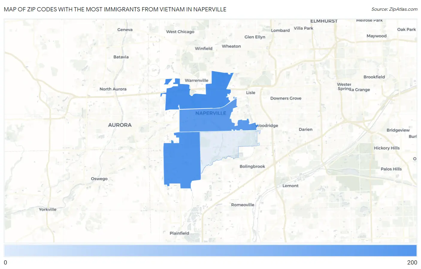 Zip Codes with the Most Immigrants from Vietnam in Naperville Map