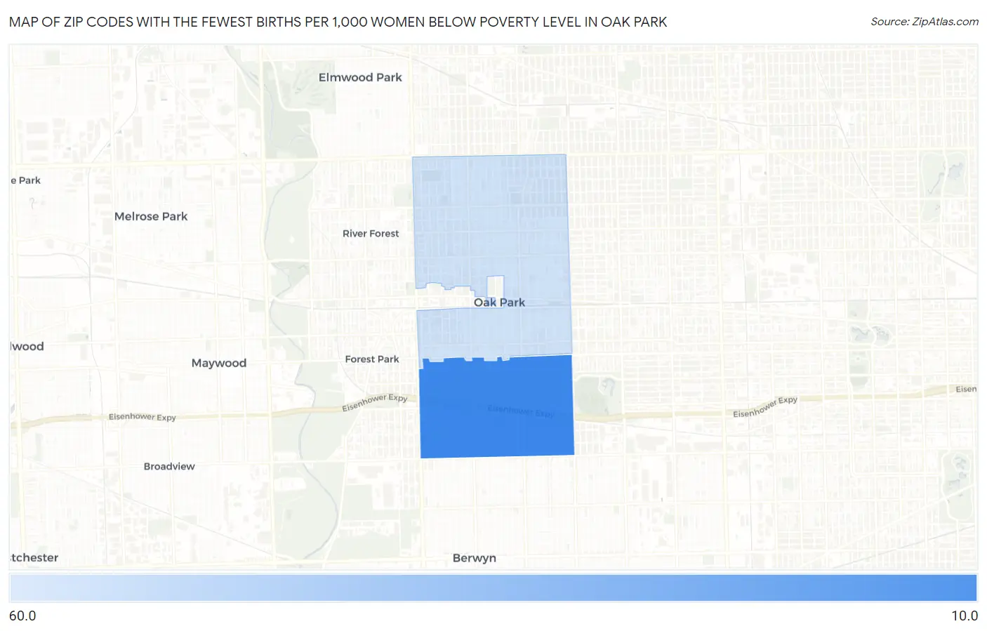 Zip Codes with the Fewest Births per 1,000 Women Below Poverty Level in Oak Park Map