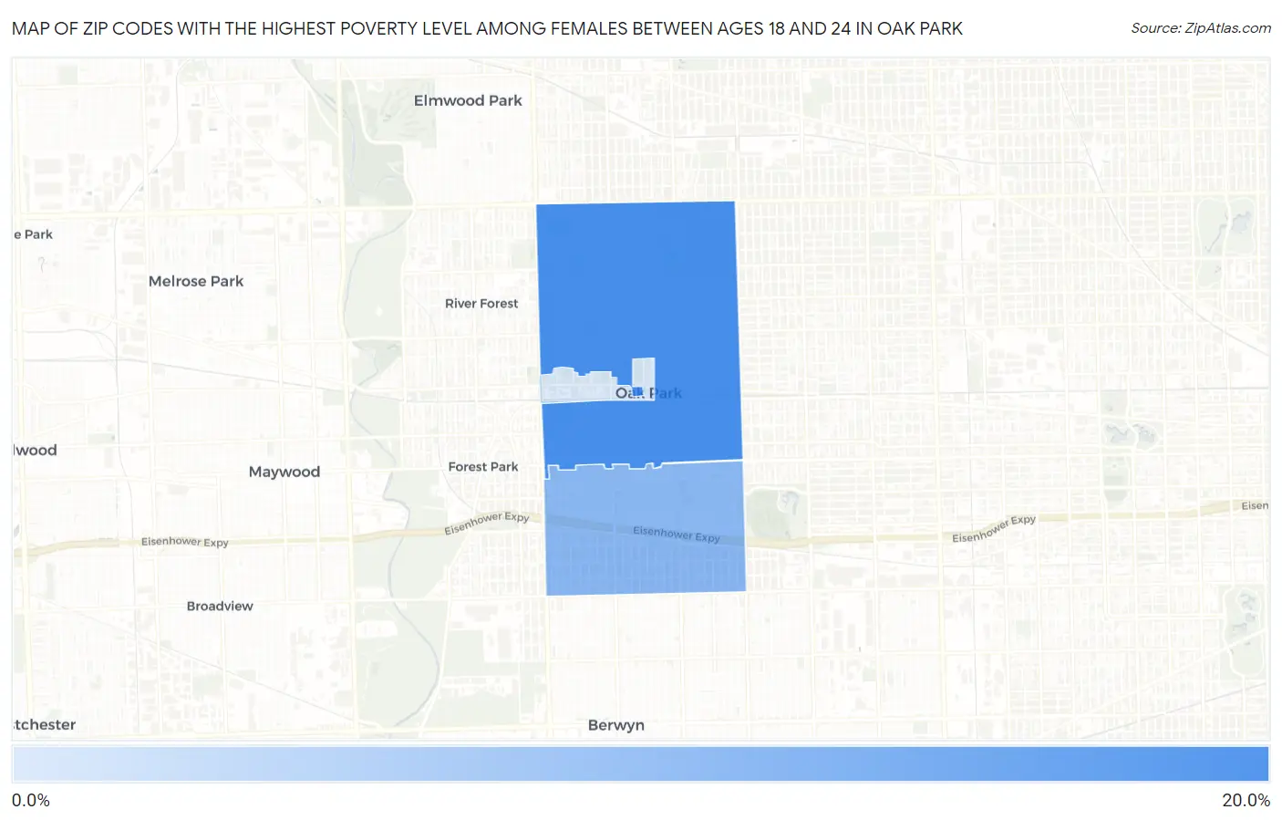 Zip Codes with the Highest Poverty Level Among Females Between Ages 18 and 24 in Oak Park Map