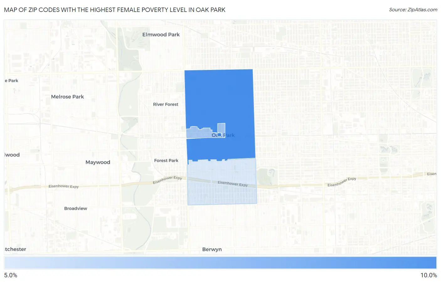 Zip Codes with the Highest Female Poverty Level in Oak Park Map