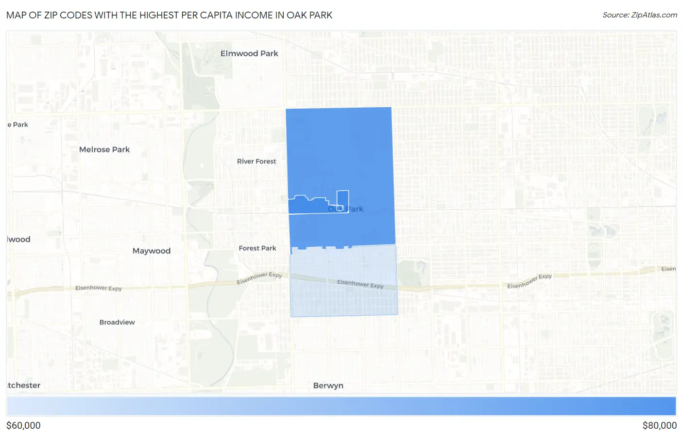 Zip Codes with the Highest Per Capita Income in Oak Park Map