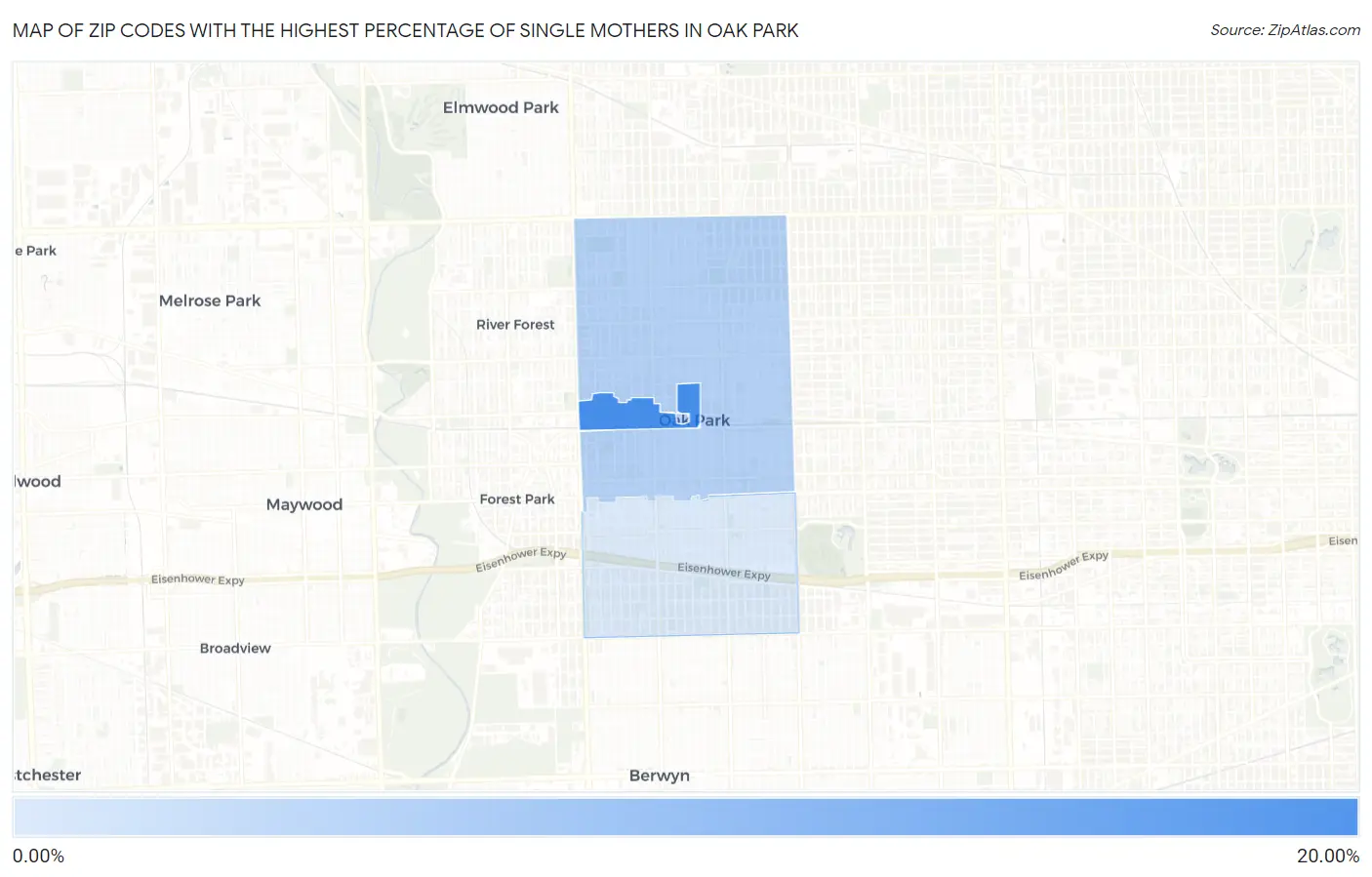 Zip Codes with the Highest Percentage of Single Mothers in Oak Park Map