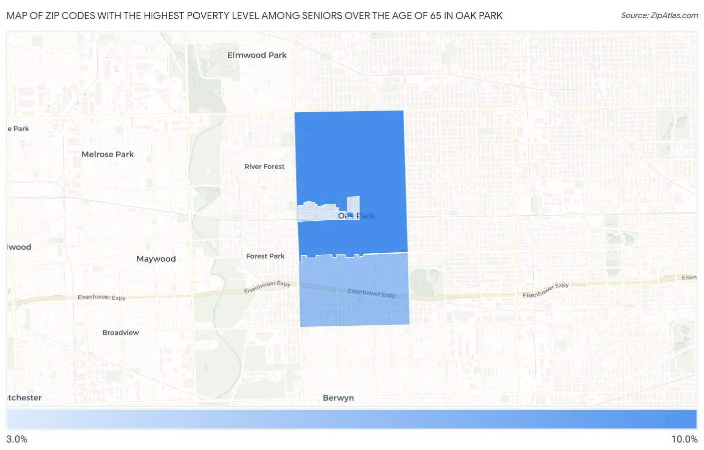 Zip Codes with the Highest Poverty Level Among Seniors Over the Age of 65 in Oak Park Map