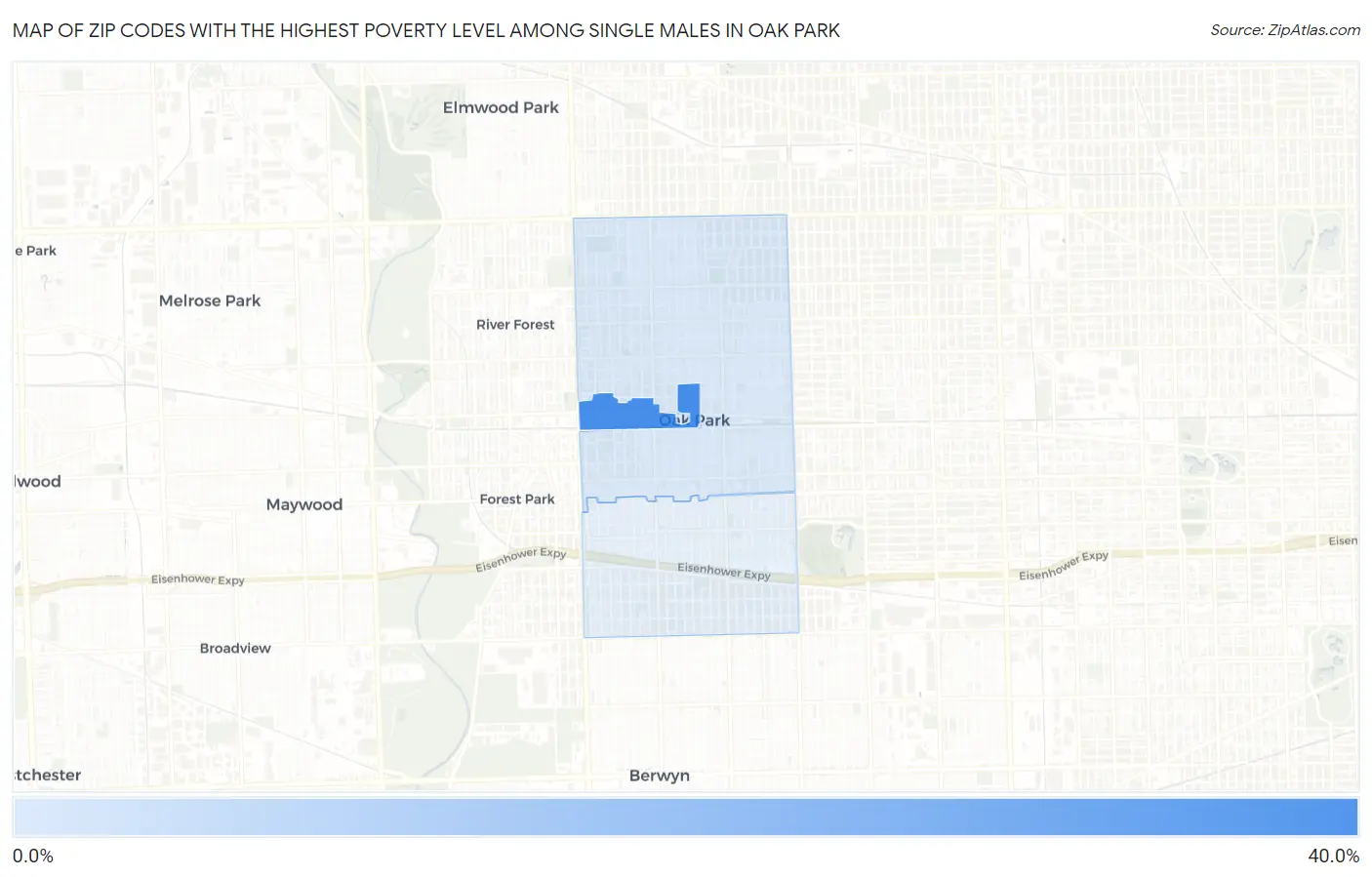 Zip Codes with the Highest Poverty Level Among Single Males in Oak Park Map