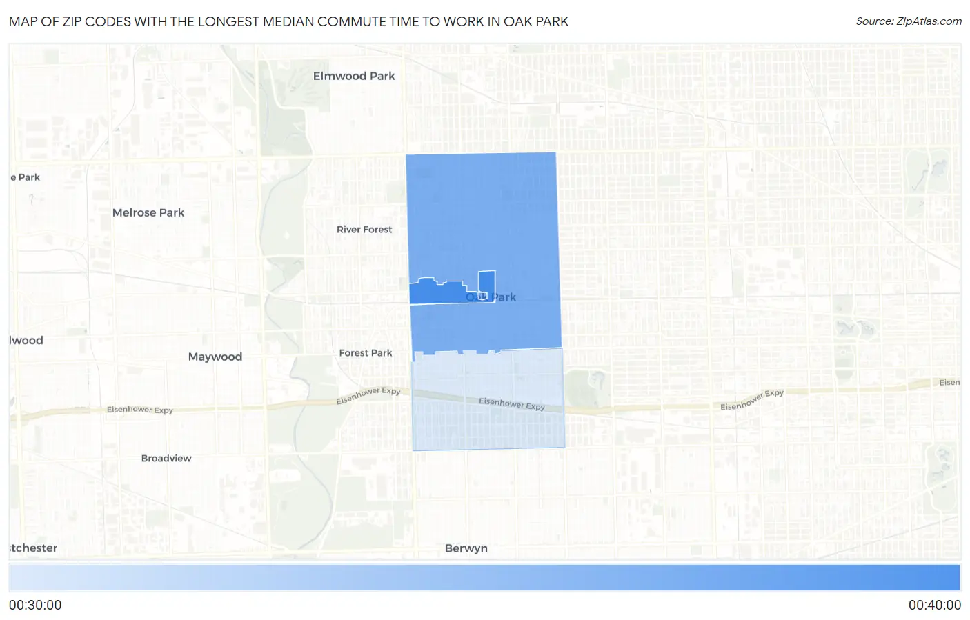 Zip Codes with the Longest Median Commute Time to Work in Oak Park Map