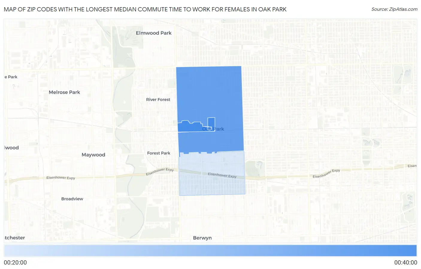 Zip Codes with the Longest Median Commute Time to Work for Females in Oak Park Map