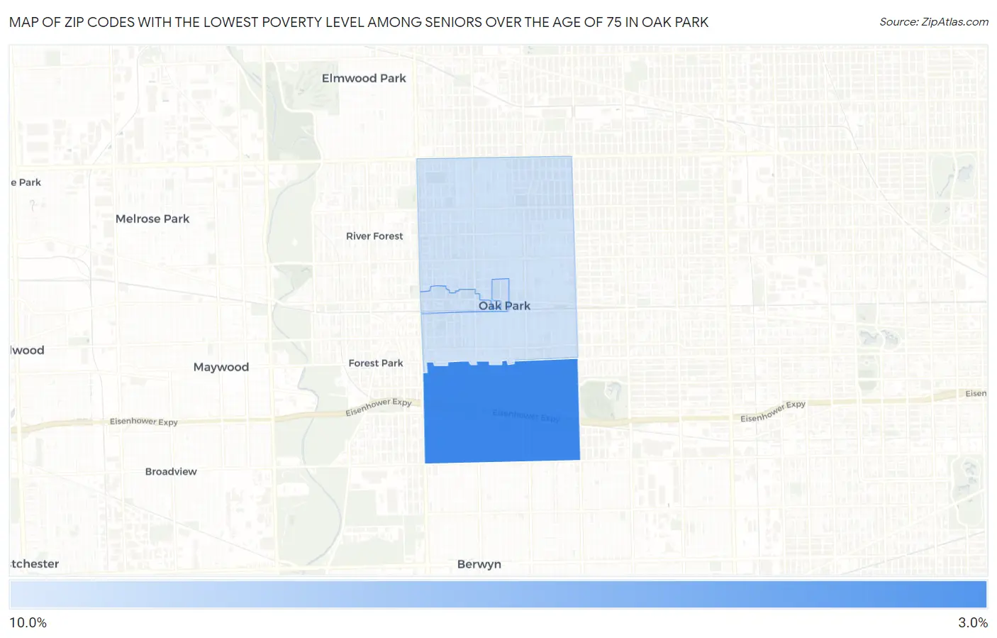 Zip Codes with the Lowest Poverty Level Among Seniors Over the Age of 75 in Oak Park Map