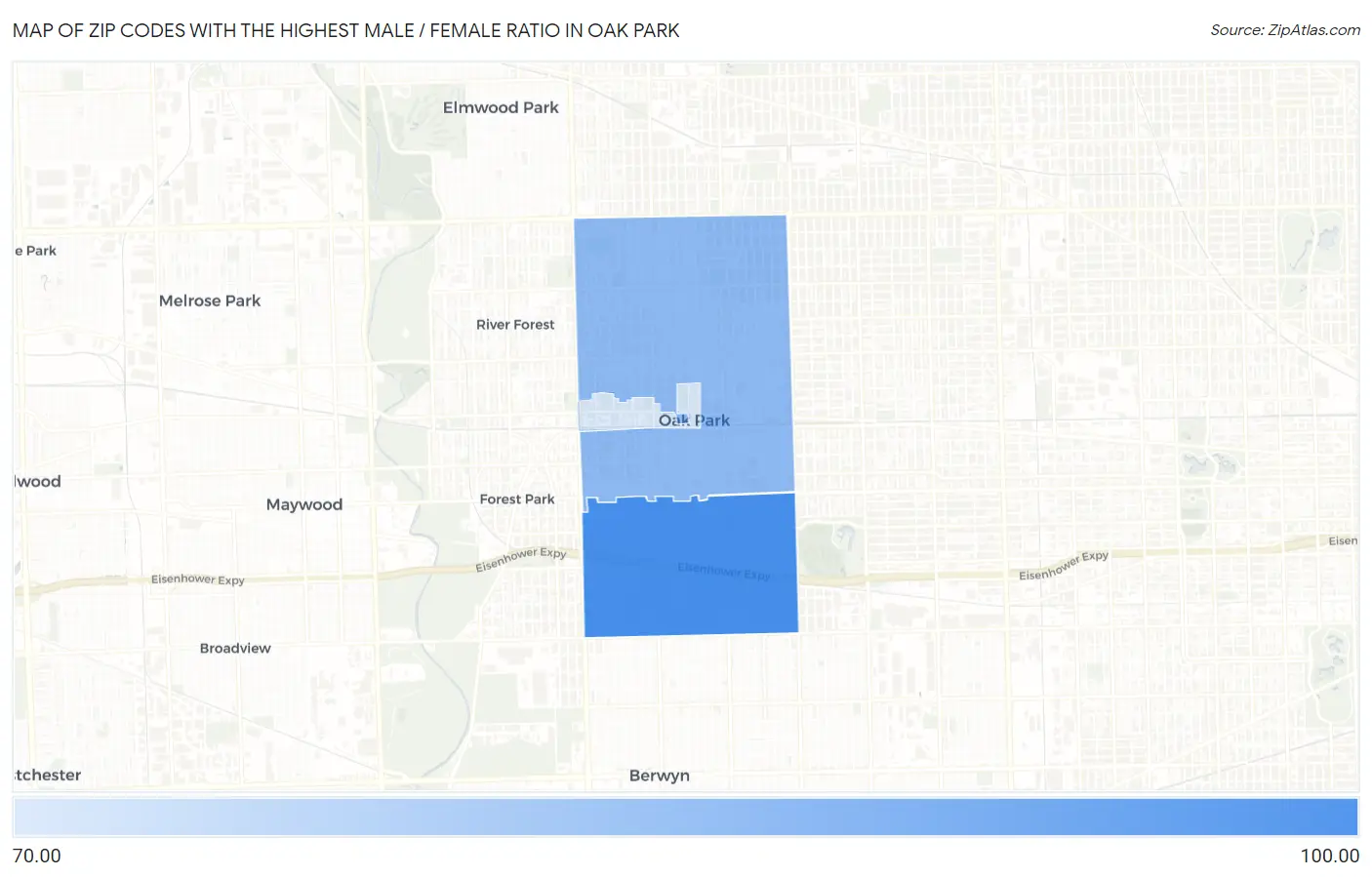 Zip Codes with the Highest Male / Female Ratio in Oak Park Map