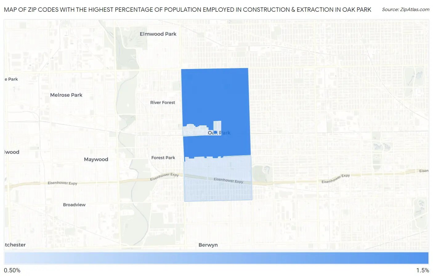 Zip Codes with the Highest Percentage of Population Employed in Construction & Extraction in Oak Park Map