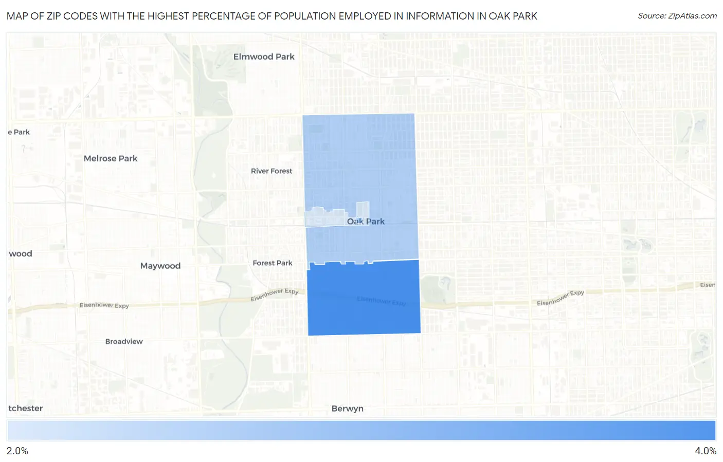 Zip Codes with the Highest Percentage of Population Employed in Information in Oak Park Map