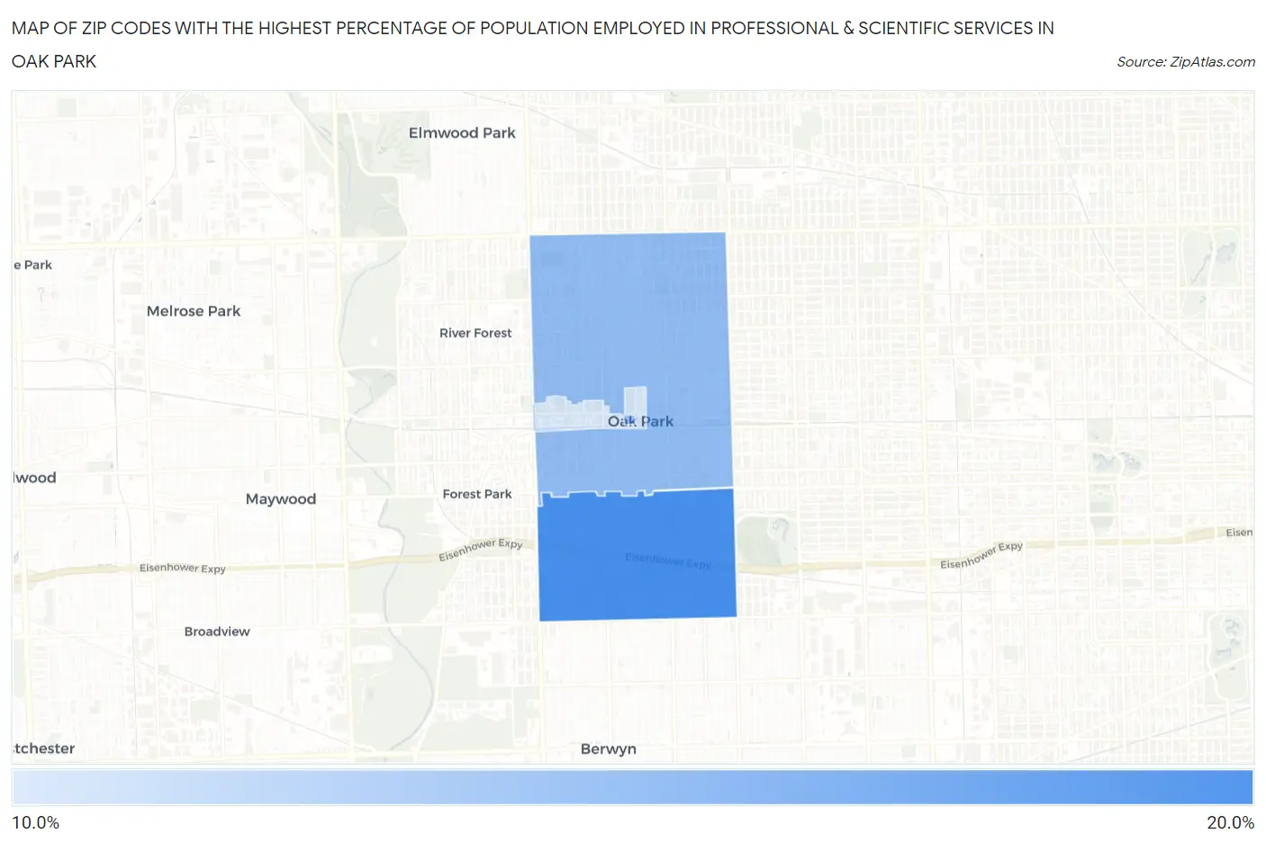 Zip Codes with the Highest Percentage of Population Employed in Professional & Scientific Services in Oak Park Map