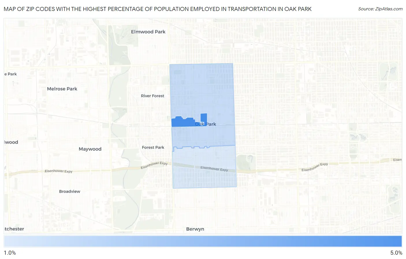 Zip Codes with the Highest Percentage of Population Employed in Transportation in Oak Park Map
