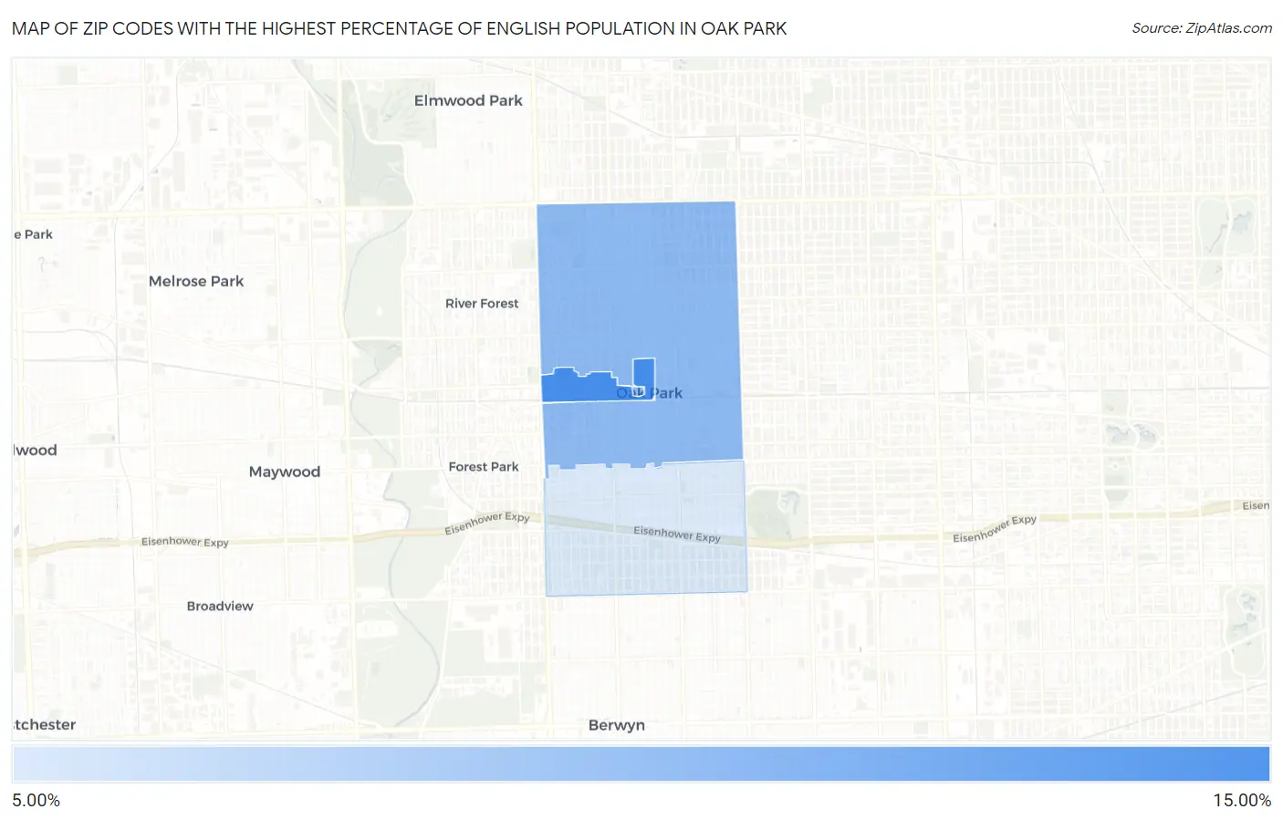 Zip Codes with the Highest Percentage of English Population in Oak Park Map