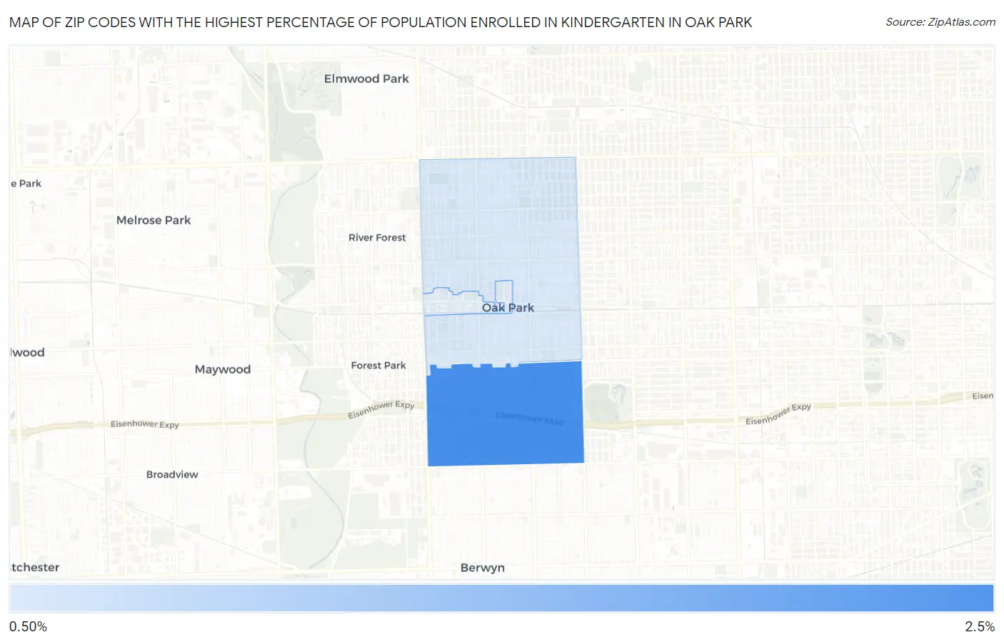 Zip Codes with the Highest Percentage of Population Enrolled in Kindergarten in Oak Park Map