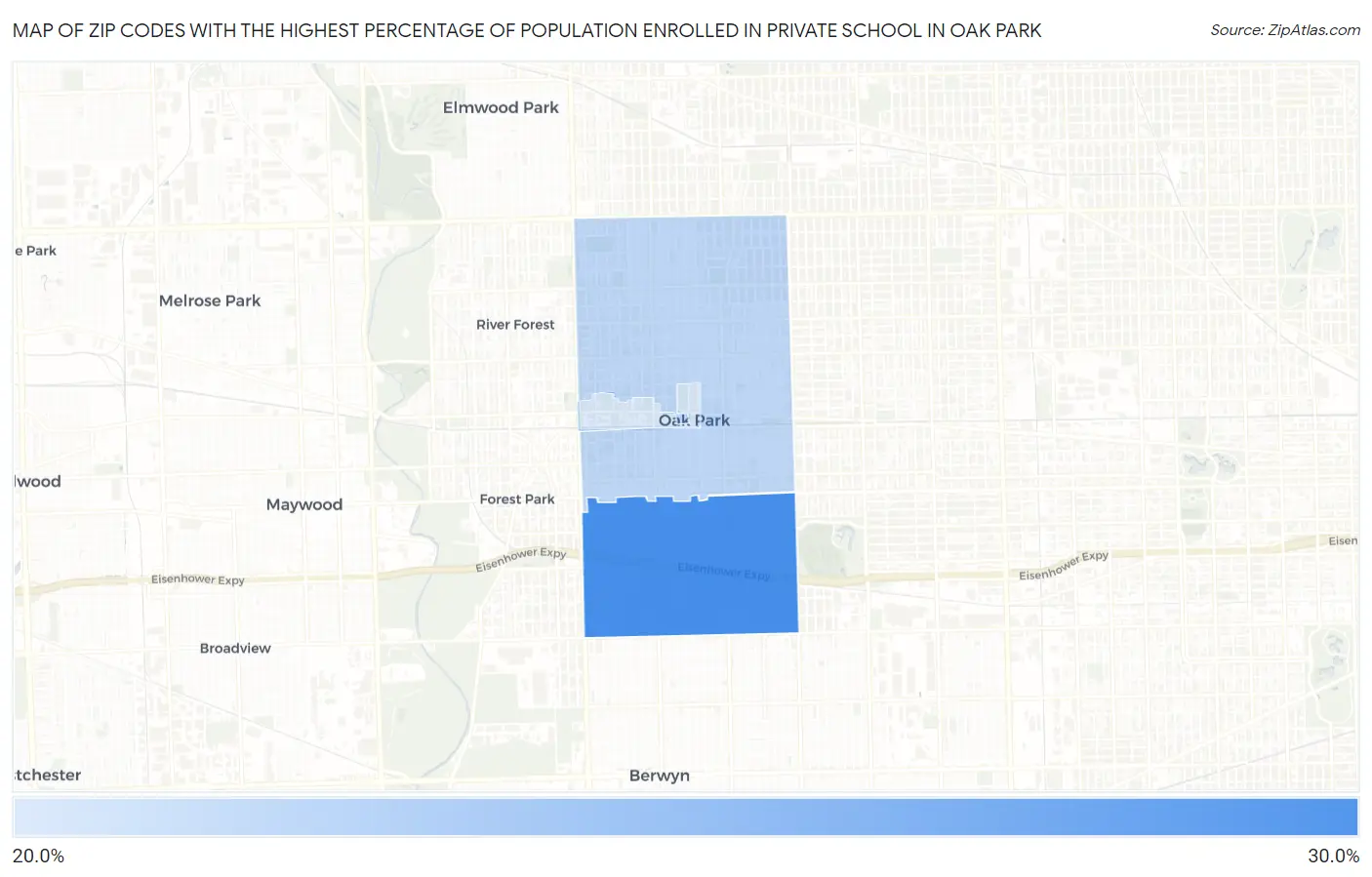 Zip Codes with the Highest Percentage of Population Enrolled in Private School in Oak Park Map