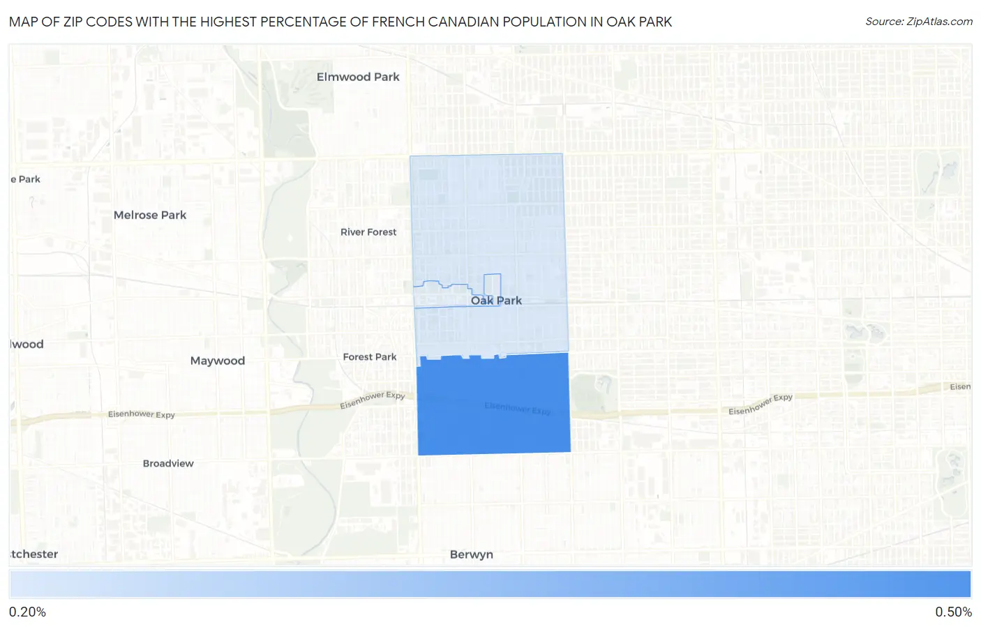 Zip Codes with the Highest Percentage of French Canadian Population in Oak Park Map