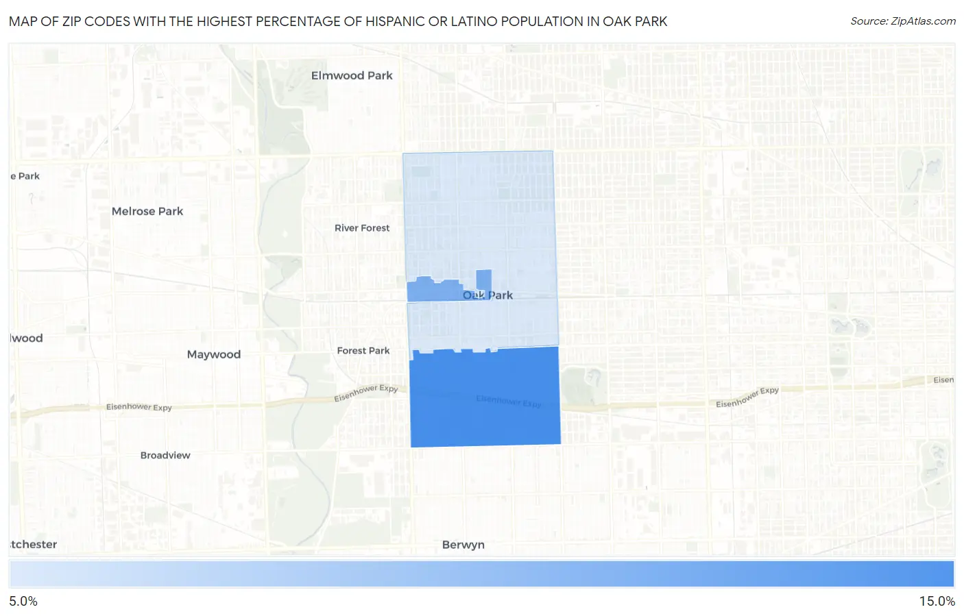 Zip Codes with the Highest Percentage of Hispanic or Latino Population in Oak Park Map