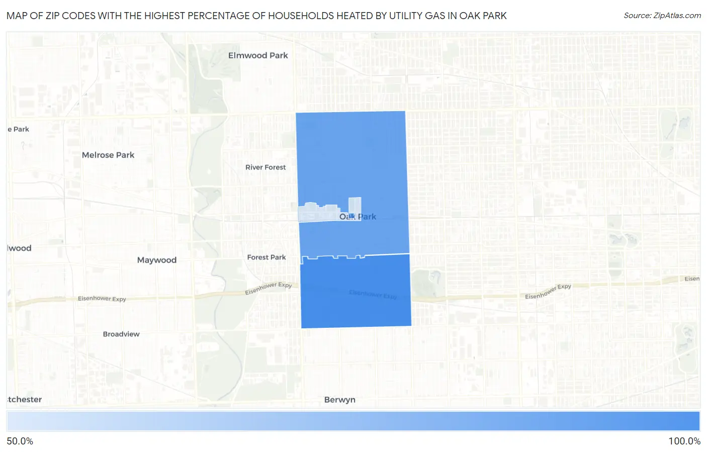Zip Codes with the Highest Percentage of Households Heated by Utility Gas in Oak Park Map