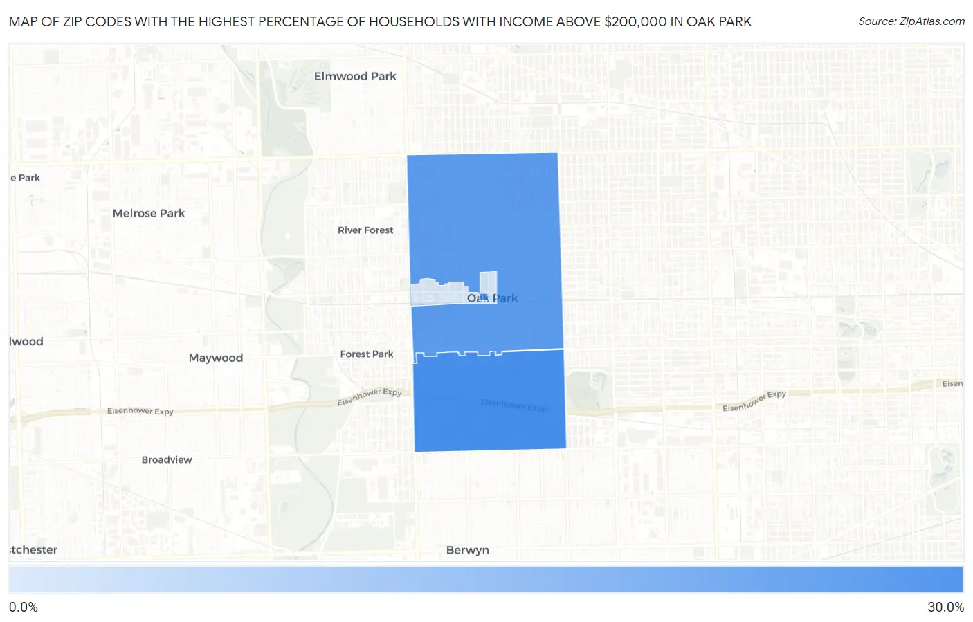 Zip Codes with the Highest Percentage of Households with Income Above $200,000 in Oak Park Map