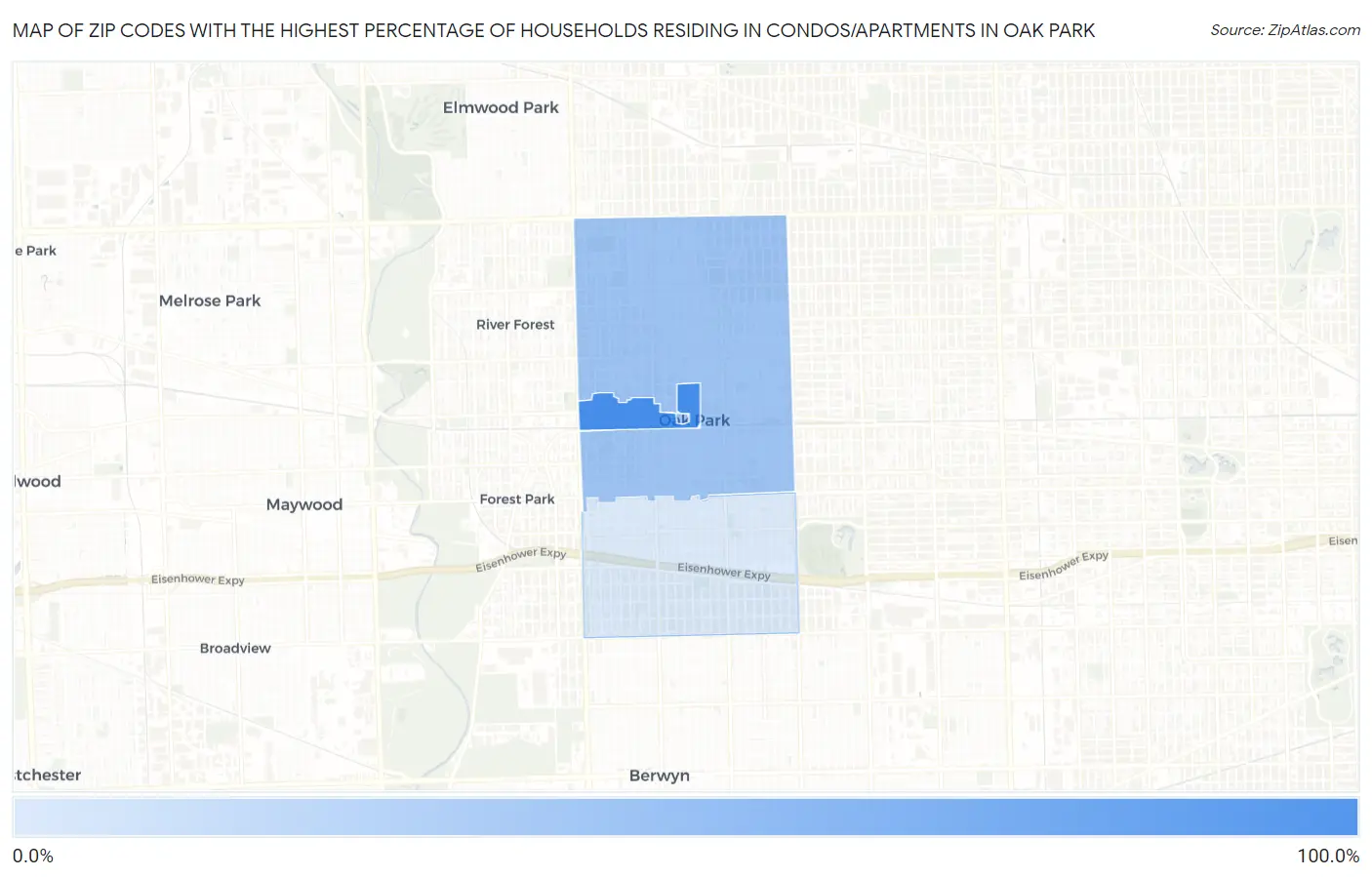 Zip Codes with the Highest Percentage of Households Residing in Condos/Apartments in Oak Park Map