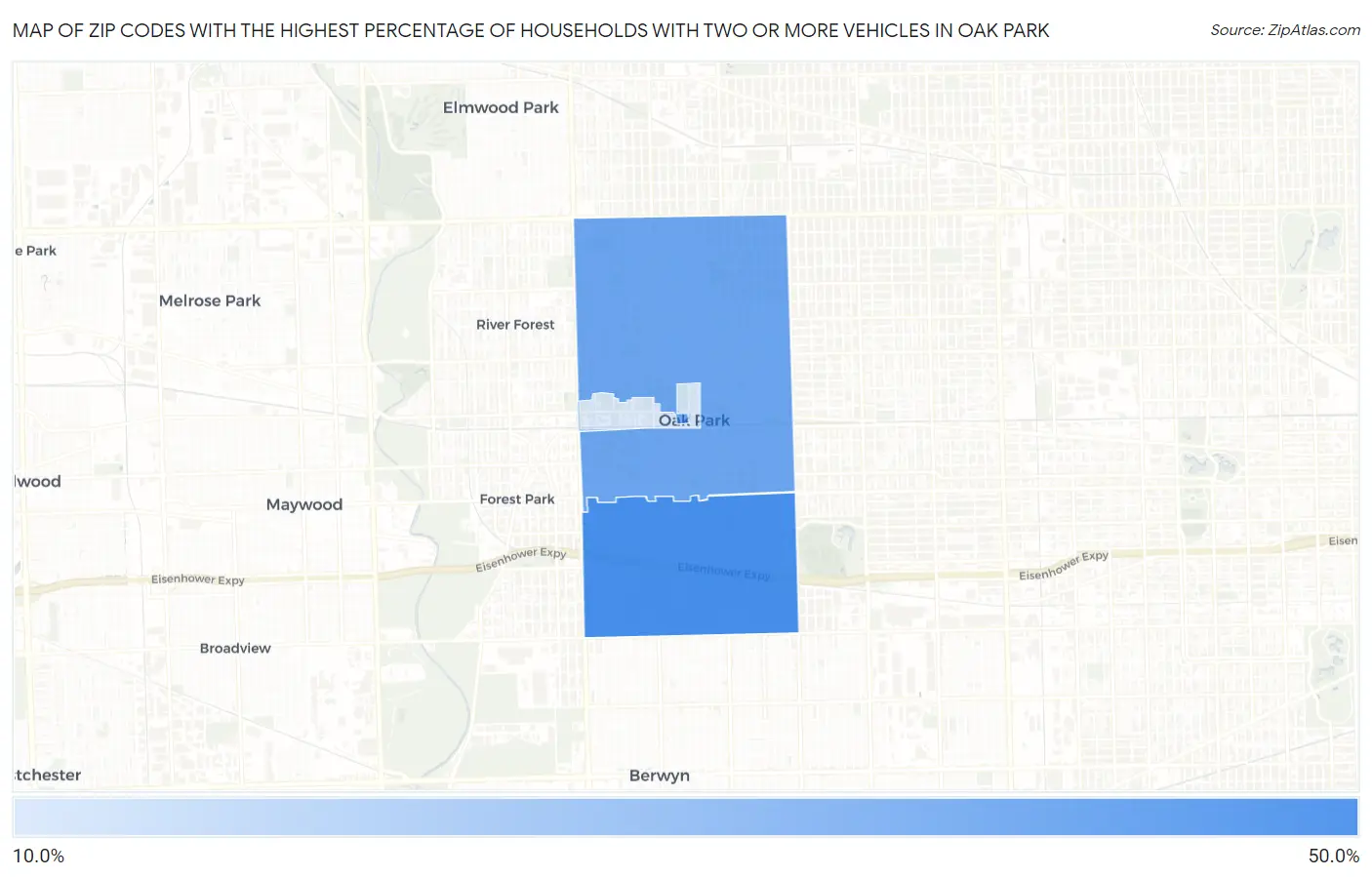 Zip Codes with the Highest Percentage of Households With Two or more Vehicles in Oak Park Map