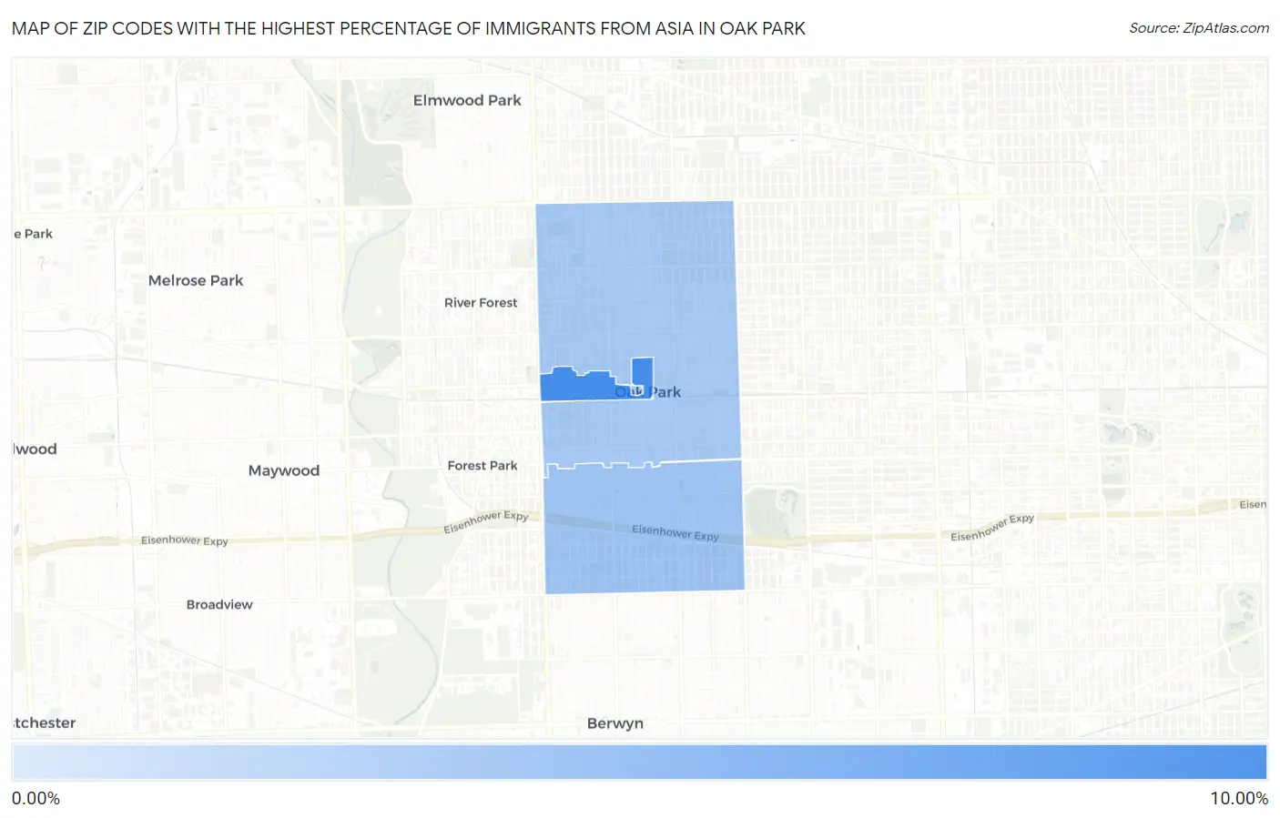 Zip Codes with the Highest Percentage of Immigrants from Asia in Oak Park Map
