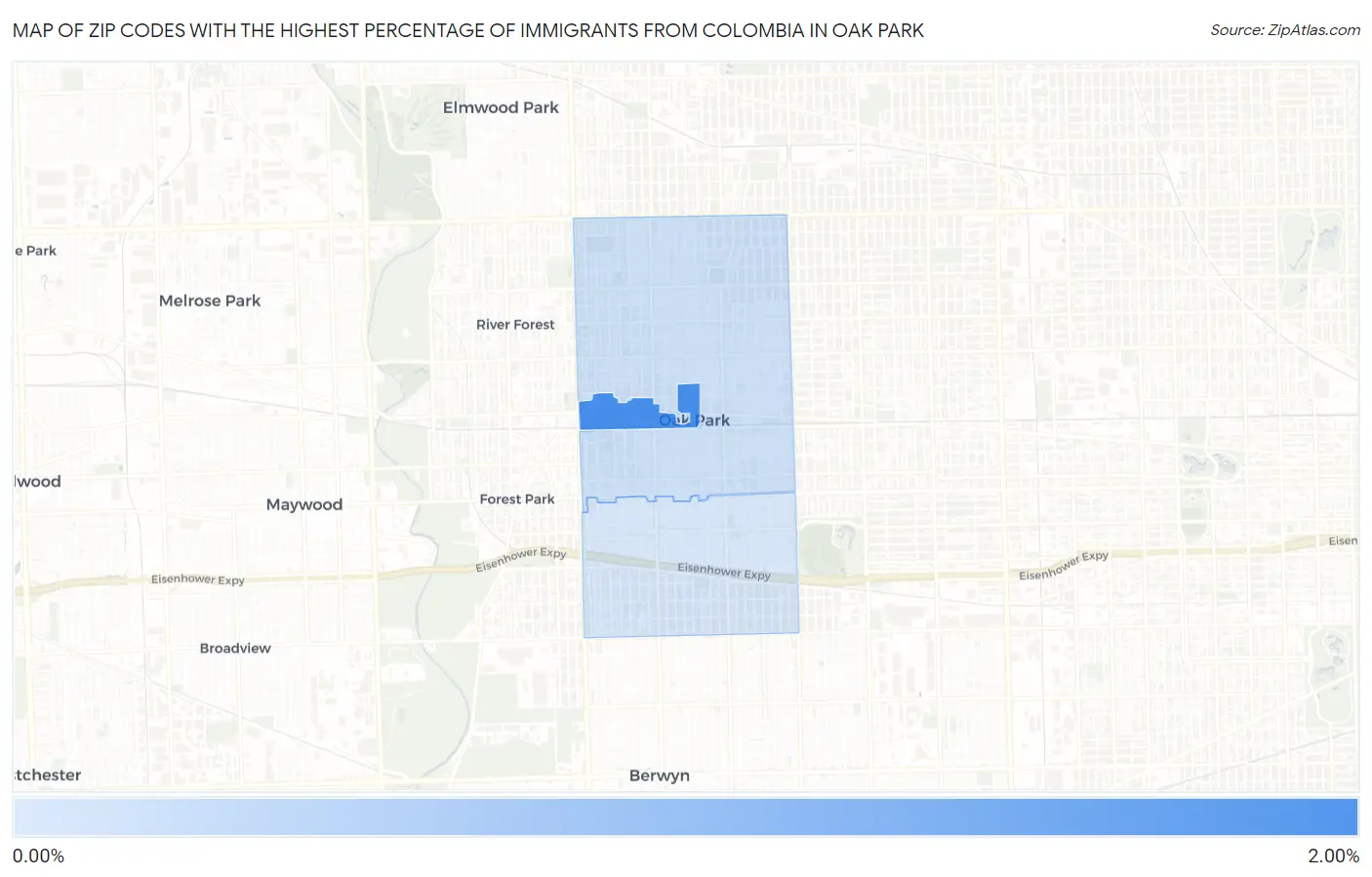Zip Codes with the Highest Percentage of Immigrants from Colombia in Oak Park Map