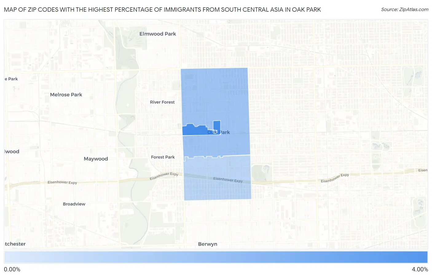 Zip Codes with the Highest Percentage of Immigrants from South Central Asia in Oak Park Map