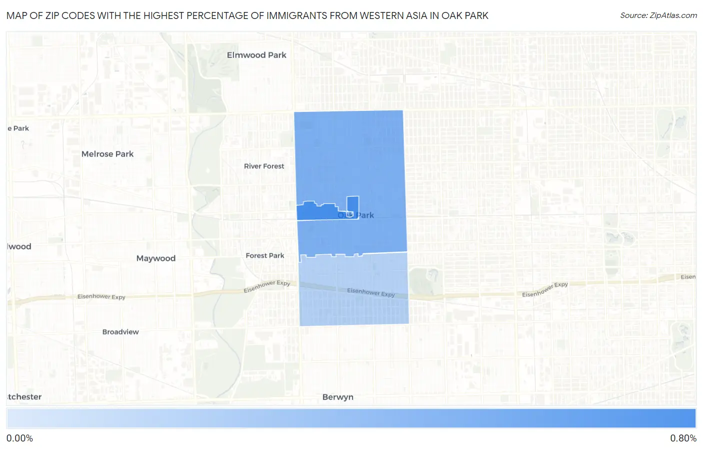 Zip Codes with the Highest Percentage of Immigrants from Western Asia in Oak Park Map