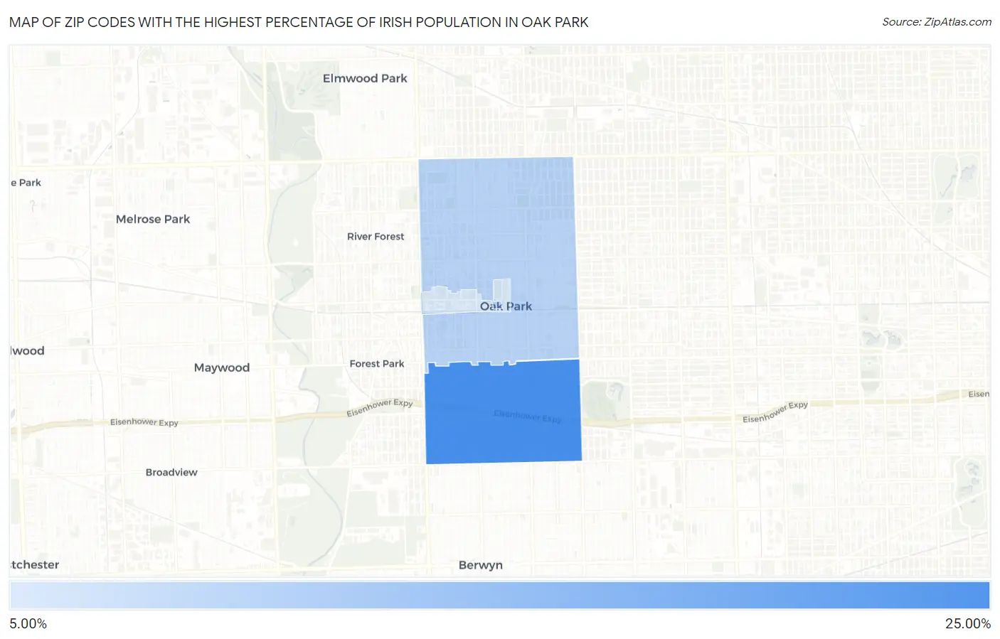 Zip Codes with the Highest Percentage of Irish Population in Oak Park Map