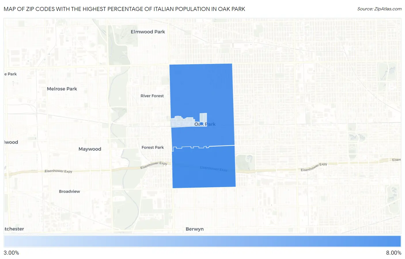 Zip Codes with the Highest Percentage of Italian Population in Oak Park Map
