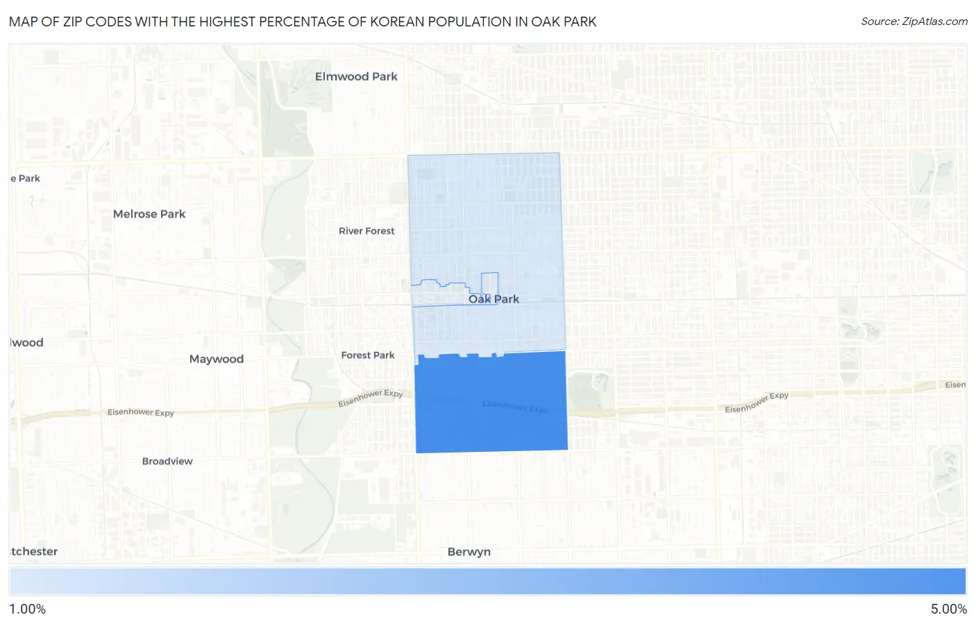 Zip Codes with the Highest Percentage of Korean Population in Oak Park Map