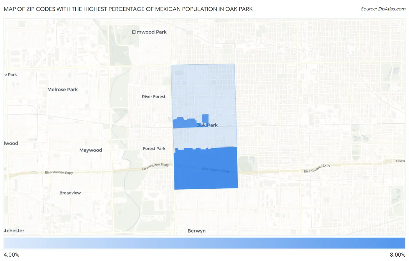 Zip Codes with the Highest Percentage of Mexican Population in Oak Park Map