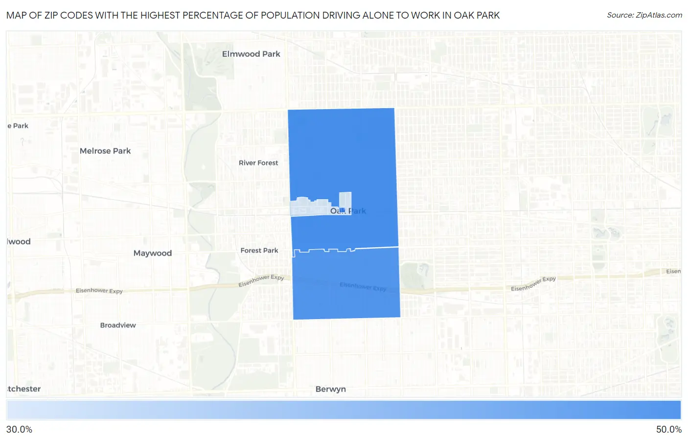 Zip Codes with the Highest Percentage of Population Driving Alone to Work in Oak Park Map